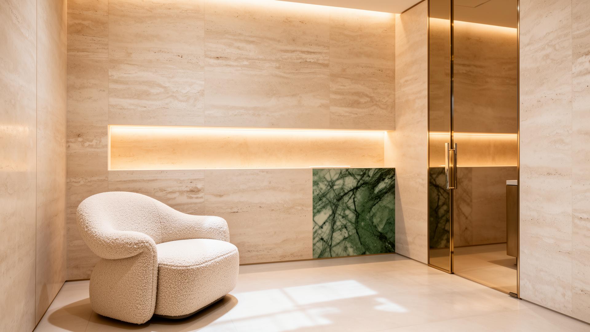 The Dermal Haus clinic interior — travertine, bouclé and green marble